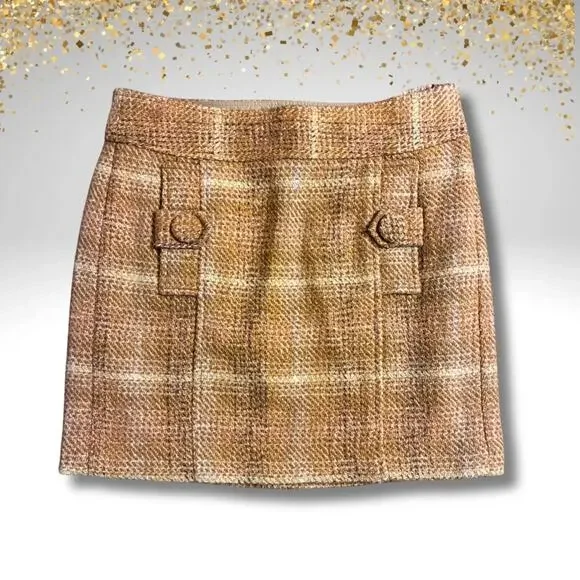 Warm Camel Plaid Tweed Wool Blend Mini Skirt• Size 0 Classic Heritage Academia - Picture 7 of 7